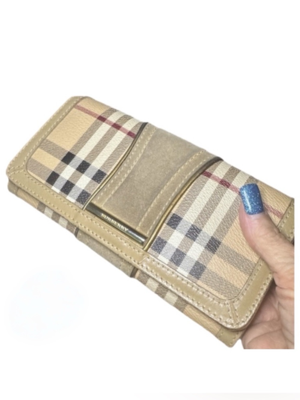 Burberry Nova Check Wallet Long Continental Coated Canvas Suede Leather Trim
